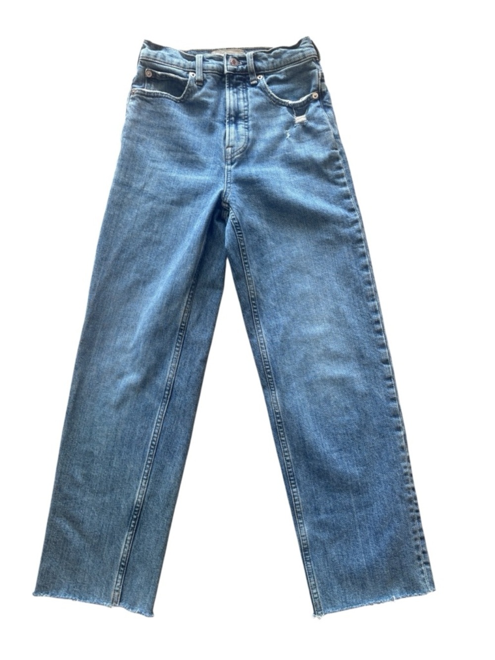 Everlane Relaxed Straight Leg Jeans Cropped Raw Hem Medium Wash Denim